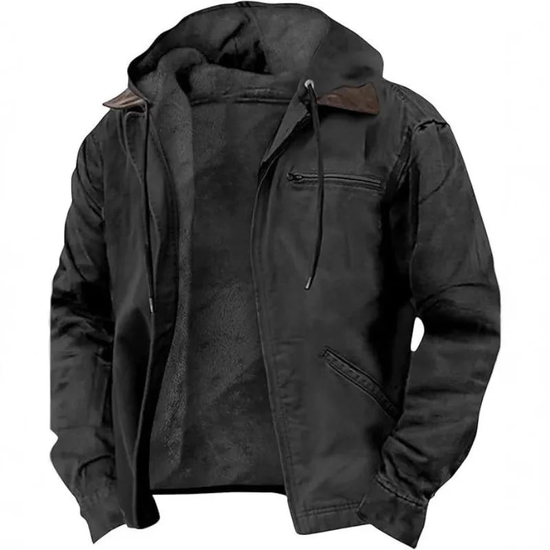 Men’s Fleece-Lined Hooded Jacket – Warm Winter Casual Zipper Coat with Multi Pockets