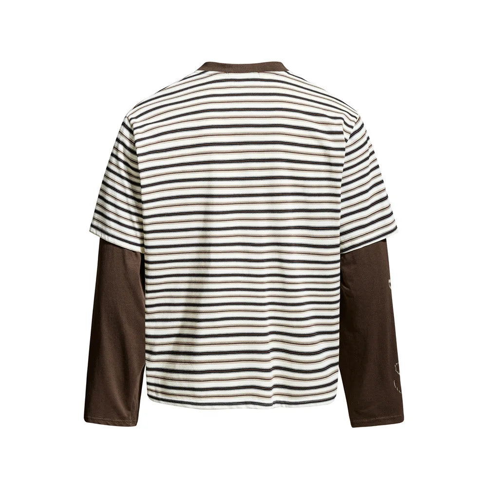 Men’s Striped Faux Two-Piece T-Shirt – Loose Fit Long Sleeve American Streetwear Top