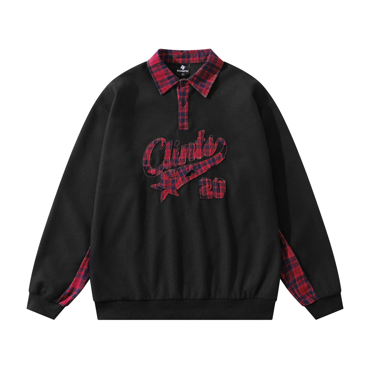 Men’s Vintage Embroidered Polo Shirt – Plaid Collar Long Sleeve | Loose Fit Streetwear Top