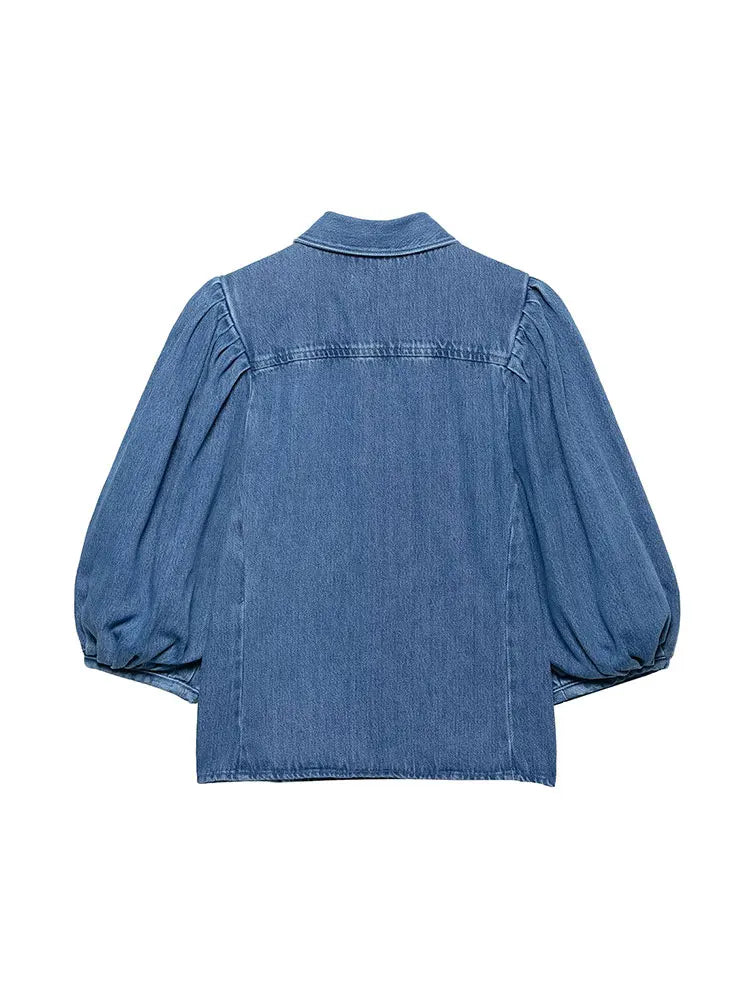 Women’s Casual Denim Blouse – Loose Fit Collar Shirt
