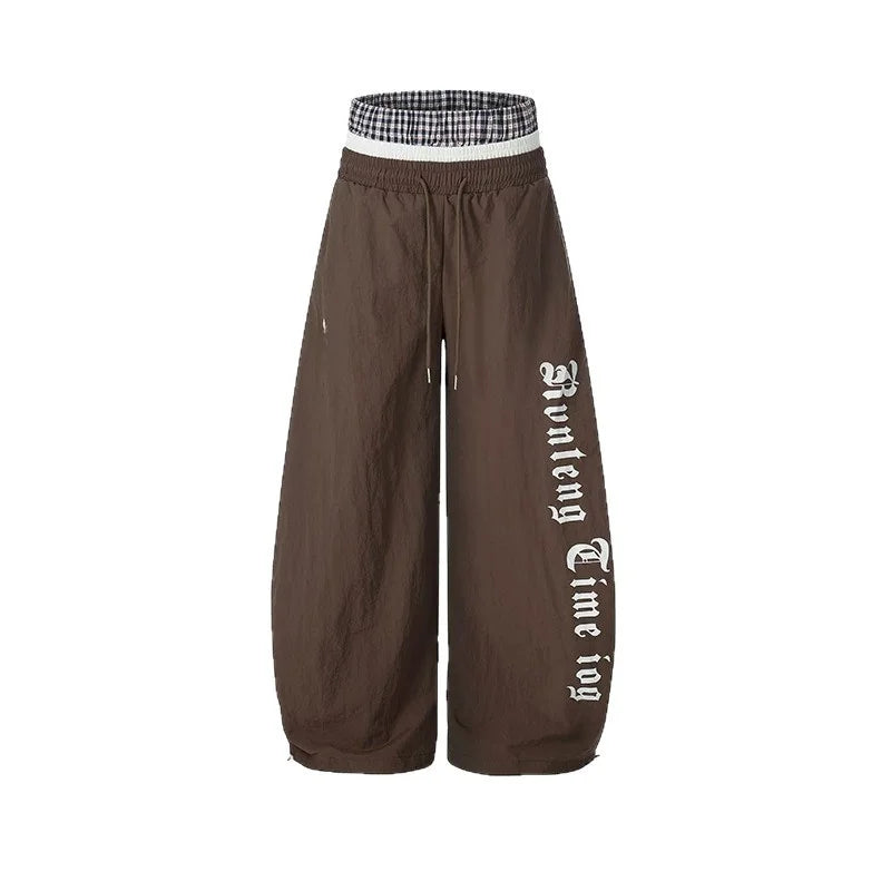 Unisex American Retro Plaid Wide-Leg Pants – Loose Fit Letter Print Double-Waist Trousers | Summer Streetwear