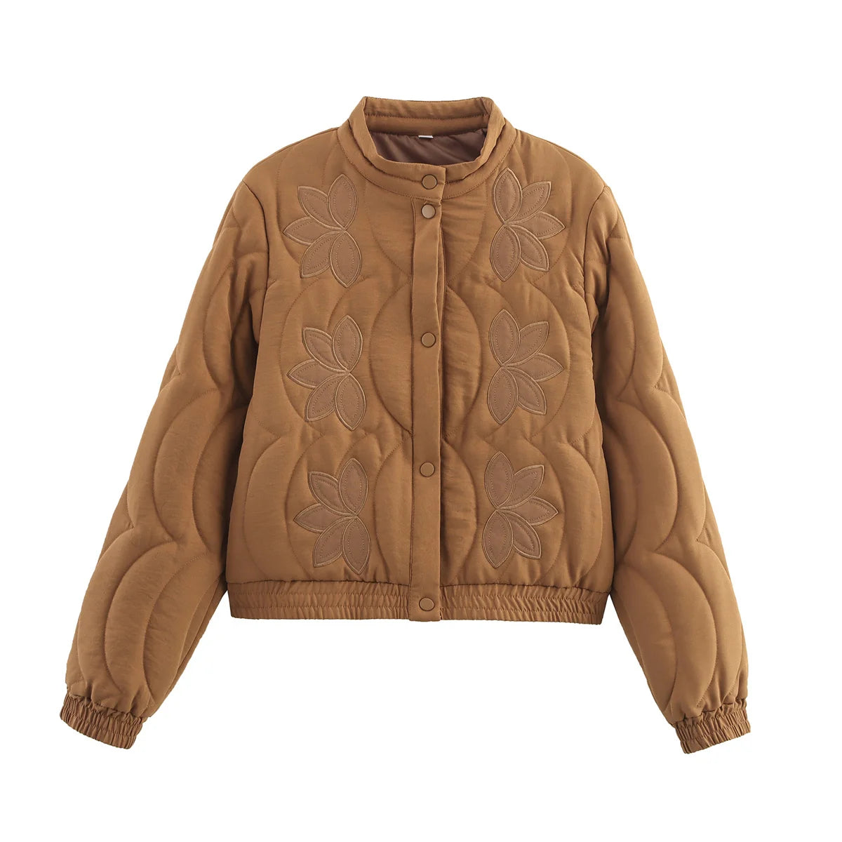 Women’s Vintage Quilted Jacket – Floral Embroidery Stand Collar Long Sleeve Casual Coat, Autumn Outerwear