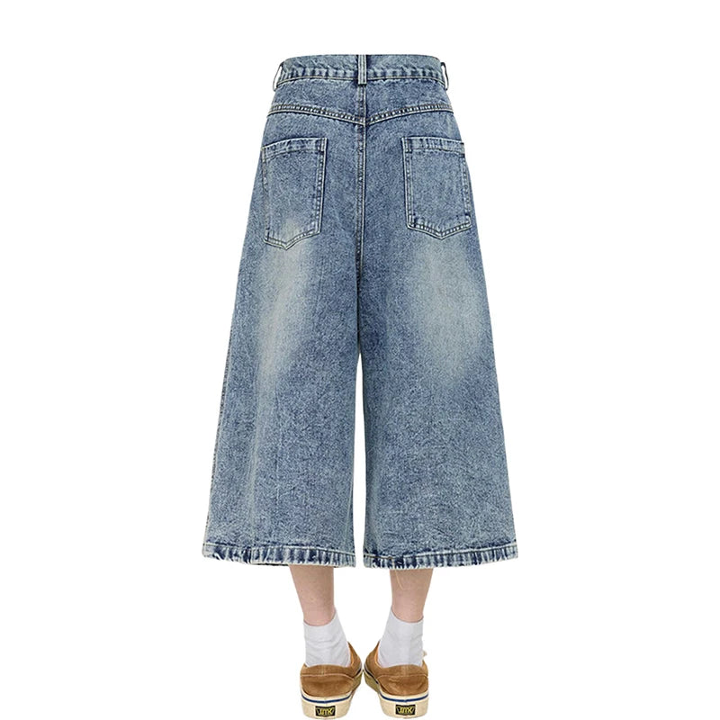 Women’s High-Waist Denim Shorts – Retro Blue Loose-Fit Embroidered Summer Shorts | Plus Size