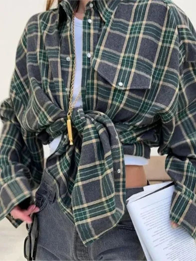 Women’s Oversized Plaid Shirt | Vintage Korean Style Long Sleeve Button-Up Blouse with Pocket – Autumn Winter