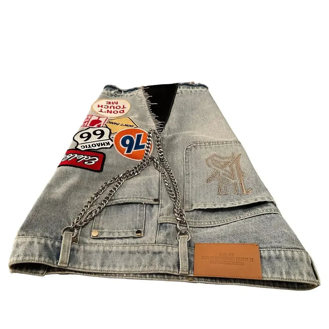Retro Blue Patchwork Denim Shorts – Y2K Hip Hop Streetwear