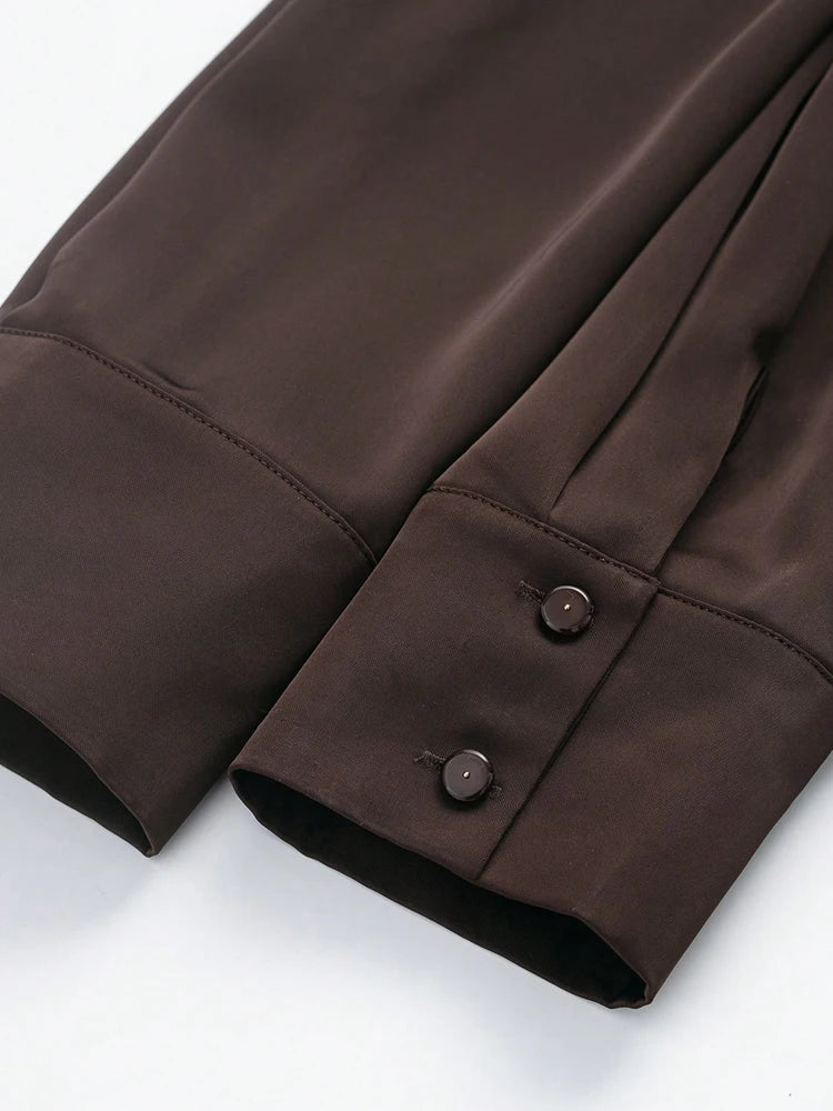 Women’s Satin Blouse – Belted Waist, Long Sleeve Lapel Top