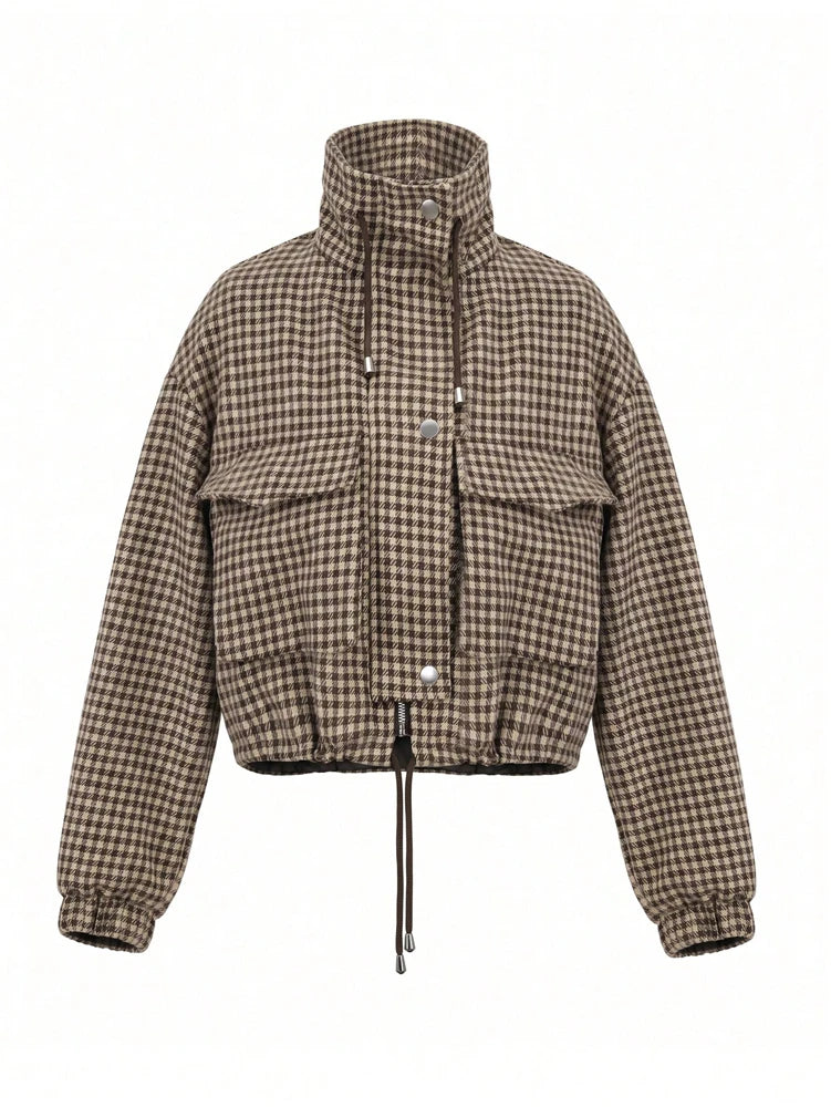 Women’s Houndstooth Cropped Jacket – Stylish Casual Streetwear Coat, Trendy Fall & Winter Outerwear