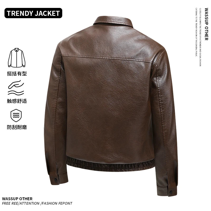 Men’s Slim-Fit Leather Jacket – Korean Lapel Windbreaker Coat | Stylish Spring & Autumn Casual Outerwear