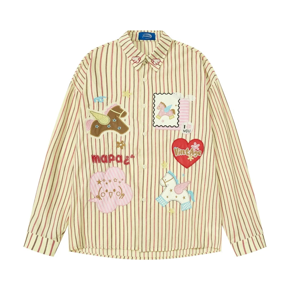 Men’s Horse Embroidery Striped Shirt – Loose-Fit Long-Sleeve Cotton Button-Up | Fun Autumn Casual Streetwear