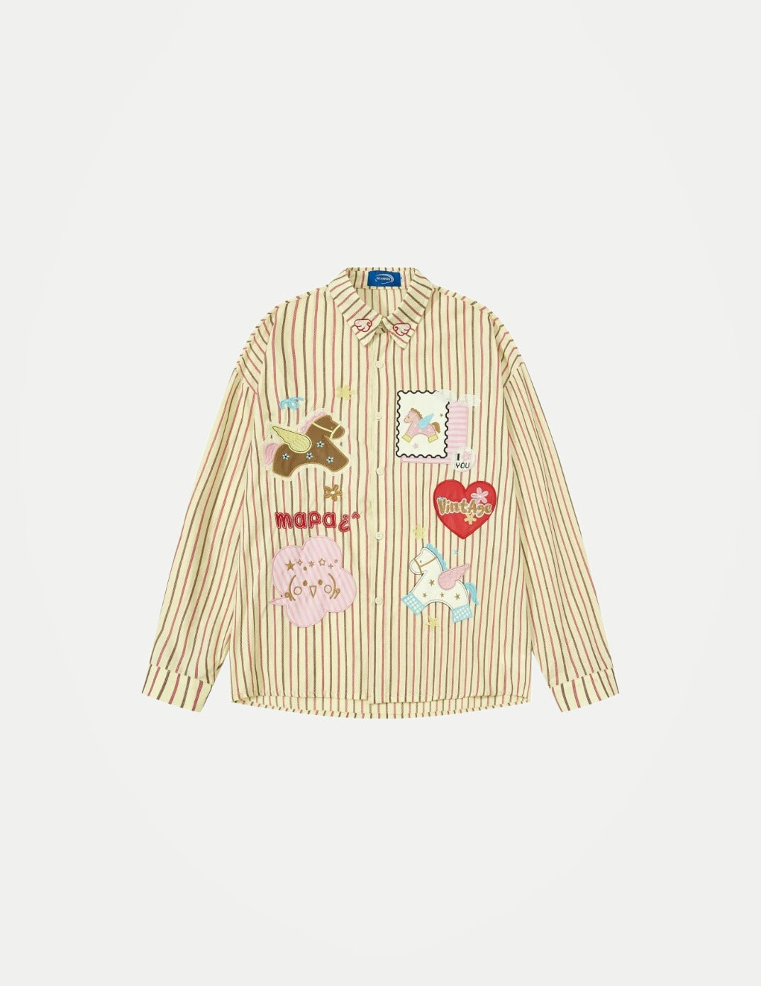 Men’s Horse Embroidery Striped Shirt – Loose-Fit Long-Sleeve Cotton Button-Up | Fun Autumn Casual Streetwear