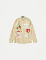 Men’s Horse Embroidery Striped Shirt – Loose-Fit Long-Sleeve Cotton Button-Up | Fun Autumn Casual Streetwear
