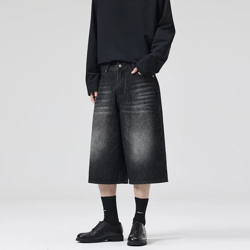 Men’s Lightning Crack Denim Shorts – Loose Wide-Leg Cropped Jeans | American Streetwear Casual Pants
