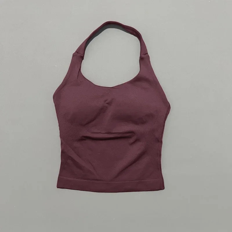 Women's Seamless Halterneck Longline Sports Tank Top – Ruched Gym Activewear