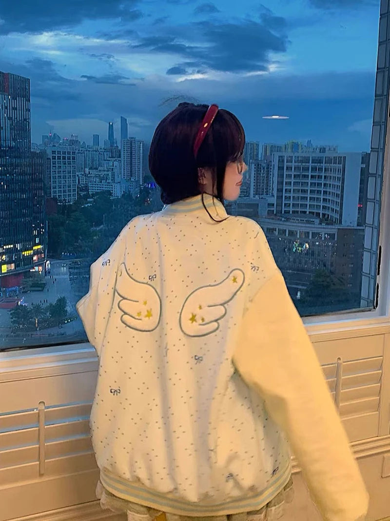 Embroidered Wings White Baseball Jacket Women Loose Lazy Casual Sweet Coat Long Sleeve Fall Winter Polka Dot Korean Outwear