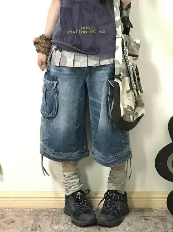Women's American Retro Cargo Denim Jorts – Y2K Boyfriend-Fit Calf-Length Harajuku High Street Shorts