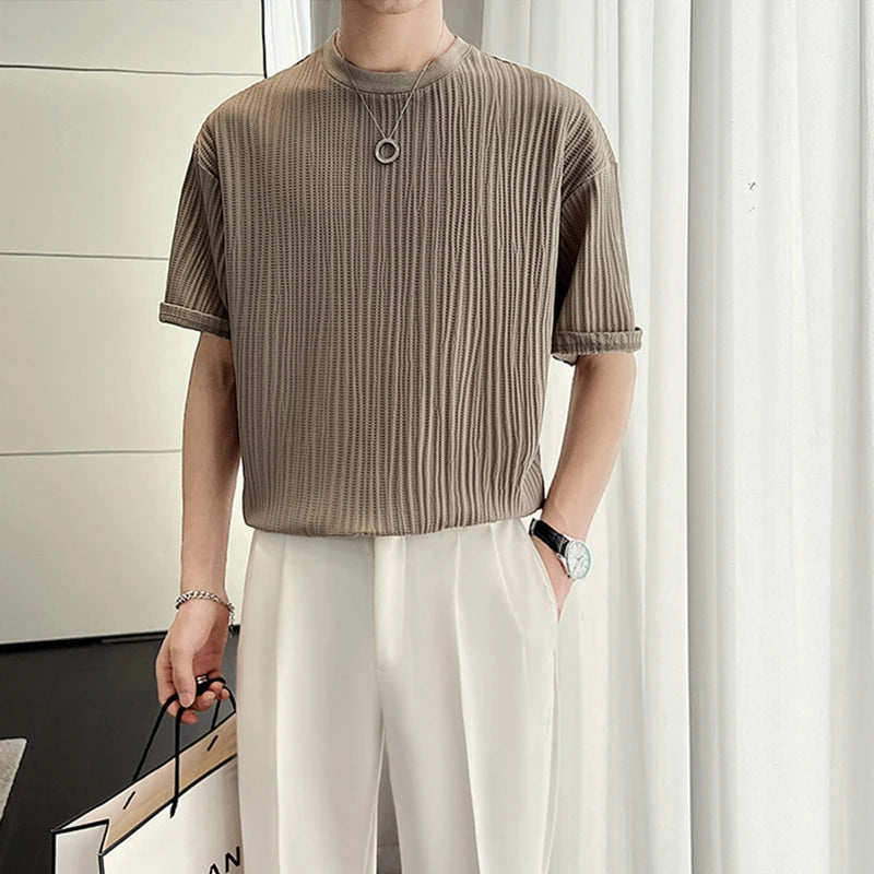 Men's Ice Silk Pleated T-Shirt – Casual Summer Crewneck Tee