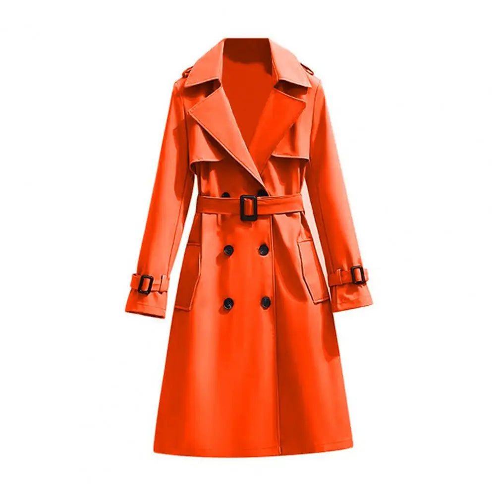 Women’s Classic Double-Breasted Trench Coat – Long Belted Notch Lapel Overcoat, Elegant Fall & Winter Outerwear