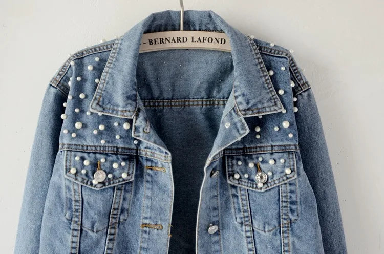 Women’s Beaded Denim Jacket – Loose Fit Embellished Winter Coat for Autumn & Winter
