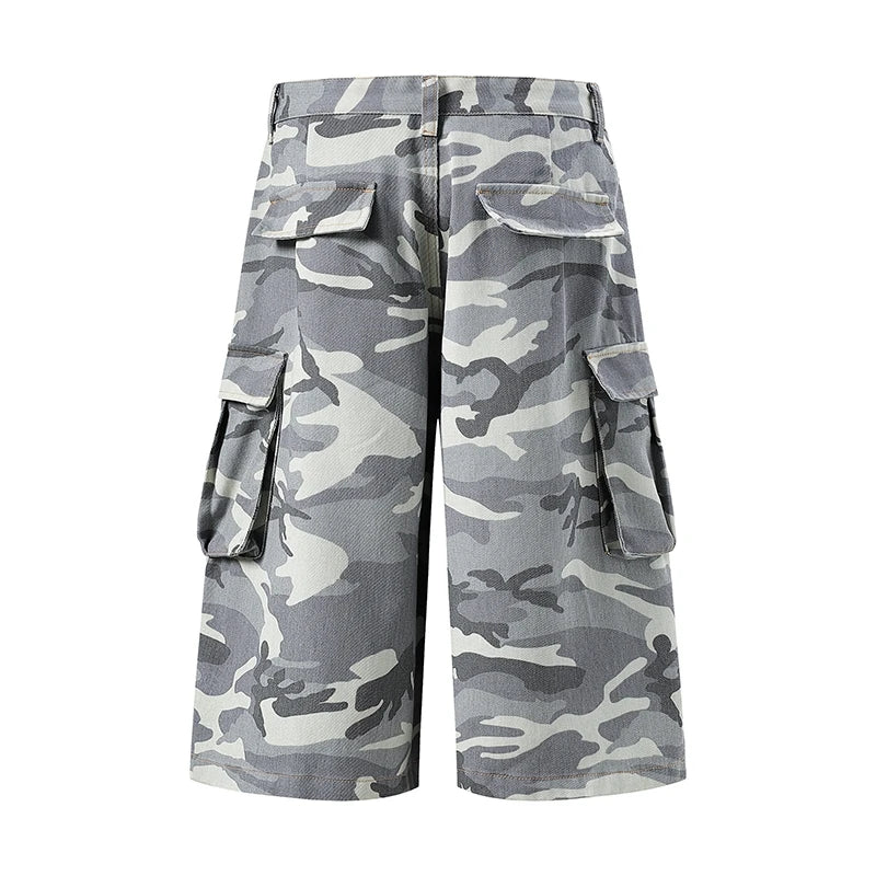 IEFB Men’s Camo Cargo Shorts – Washed Grey Baggy Denim Knee-Length Shorts | Streetwear