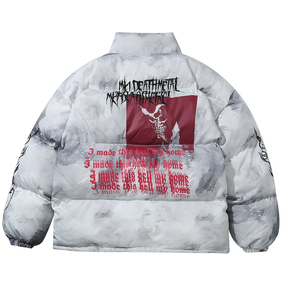 Men’s Y2K Oversized Puffer Parka – Letter Graphic Tie-Dye Winter Jacket, Warm Hip Hop Streetwear