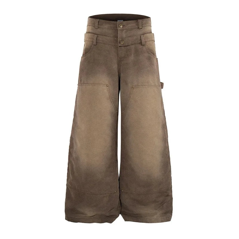 Men’s Double-Waist Cargo Jeans – Wide-Leg Baggy Washed Denim Pants | Y2K American Streetwear