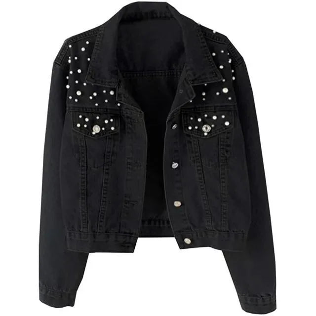 Women’s Beaded Denim Jacket – Loose Fit Embellished Winter Coat for Autumn & Winter