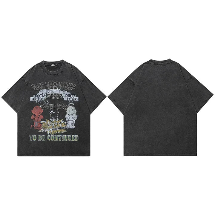 Men’s Vintage Angel Devil Graphic T-Shirt – Faded Black Hip Hop Streetwear Tee