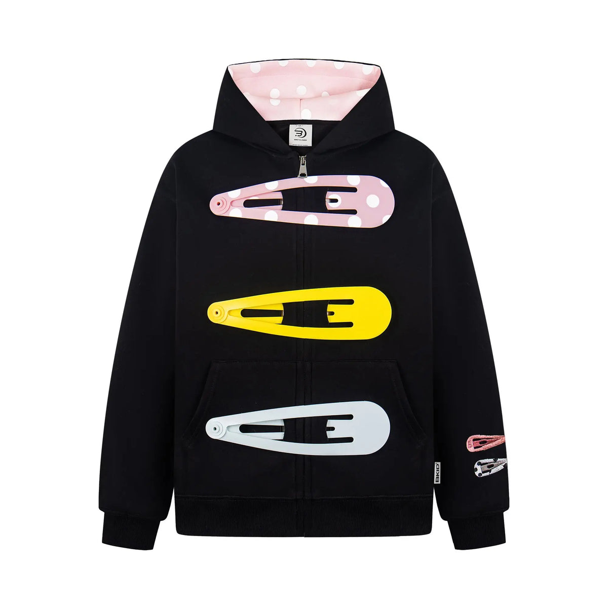 Retro Polka Dot Hooded Sweatshirt Jacket – Detachable Hairpin Detail Zip-Up Punk Streetwear, Casual Spliced Outerwear