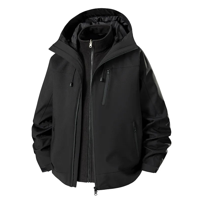 Men’s 3-in-1 Hiking Jacket – Thick Waterproof & Windproof Hooded Outdoor Coat for Climbing, Camping & Travel