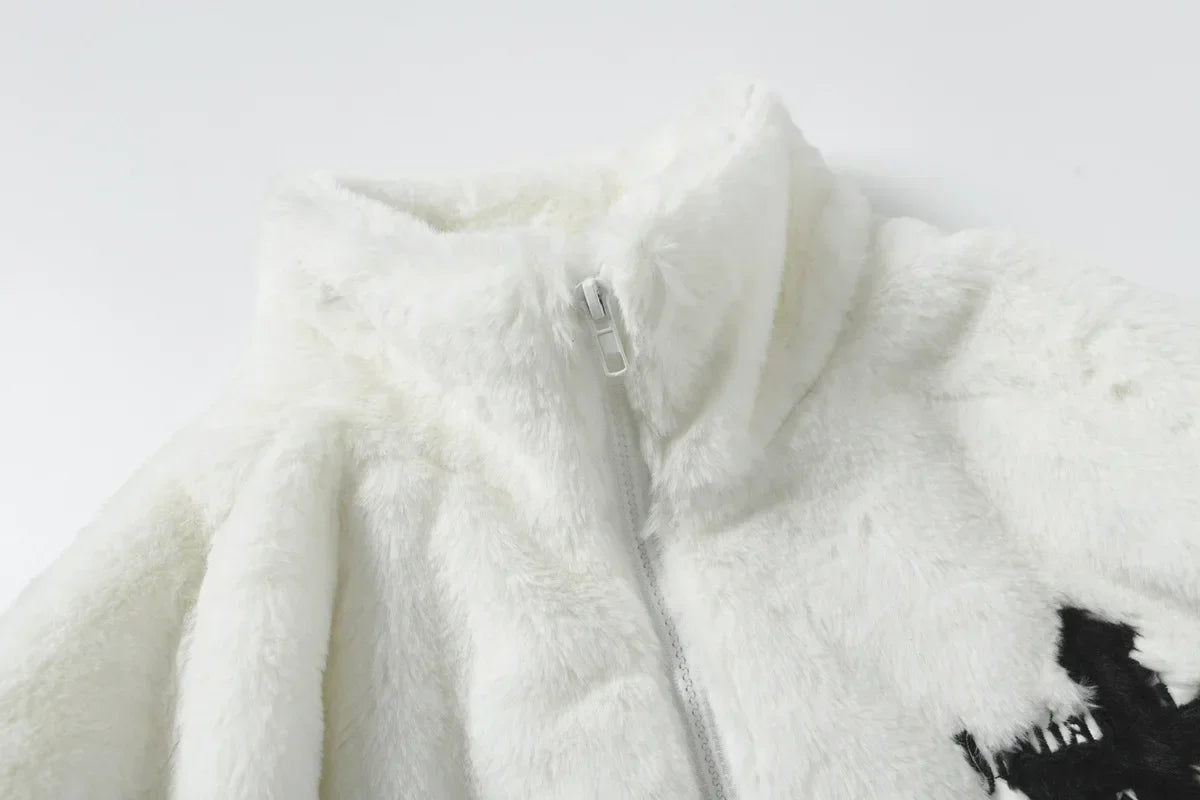 Men Rabbit Fur Jacket Coats Hip Hop Cross Letters Winter Fleece Jacket Streetwear Casual Harajuku Coat Zip Up Fashion Outerwear