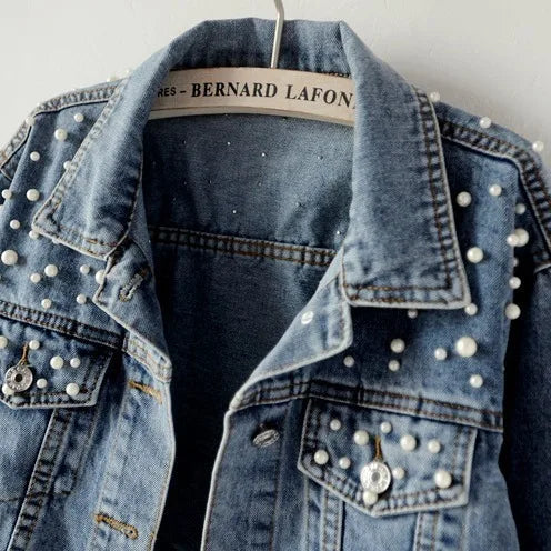 Women’s Beaded Denim Jacket – Loose Fit Embellished Winter Coat for Autumn & Winter