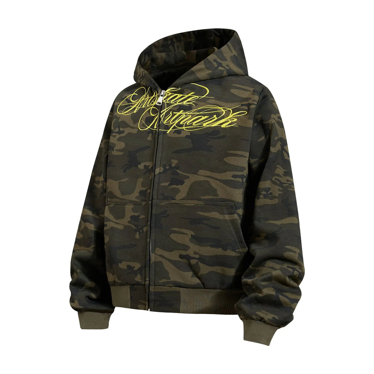 Women’s Camouflage Zip-Up Hoodie – Vintage Letter Embroidery Cropped Sweatshirt | Loose Casual Streetwear Jacket