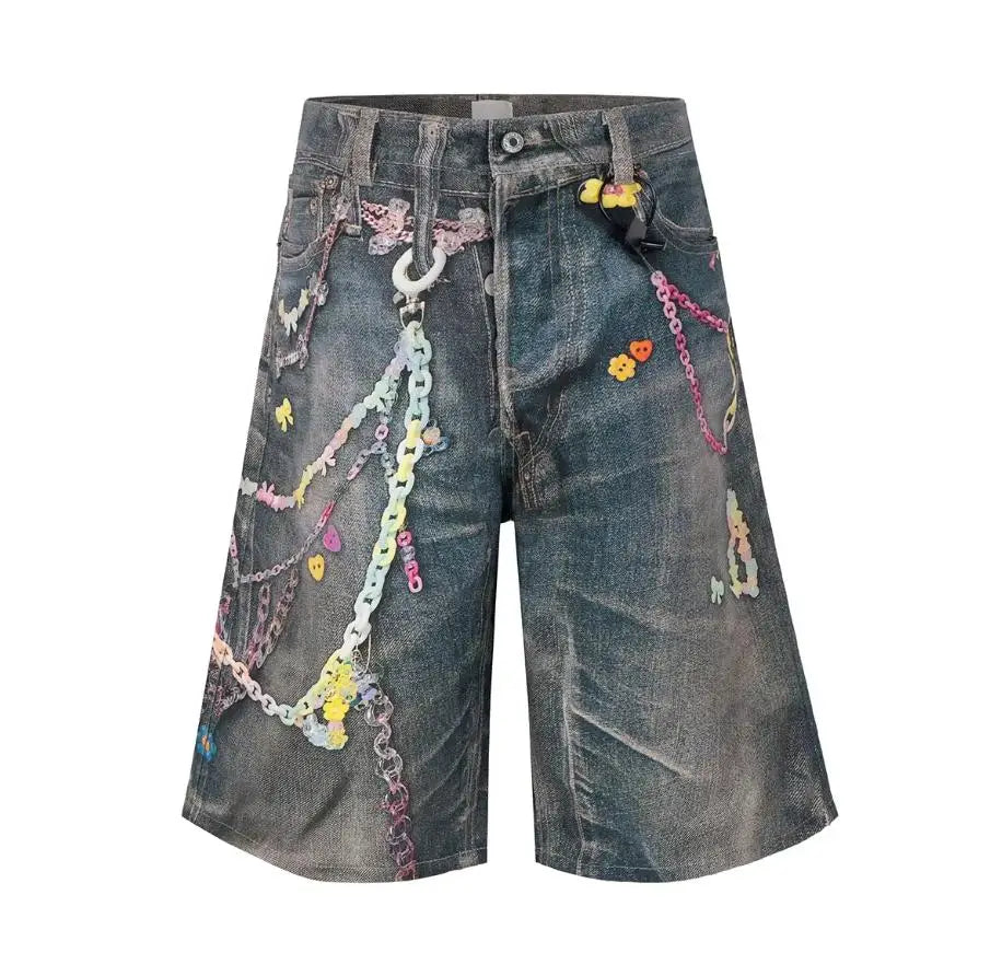 Men’s Retro Chain-Print Denim Shorts – Loose Wide-Leg Cropped Pants | American Hip-Hop Streetwear