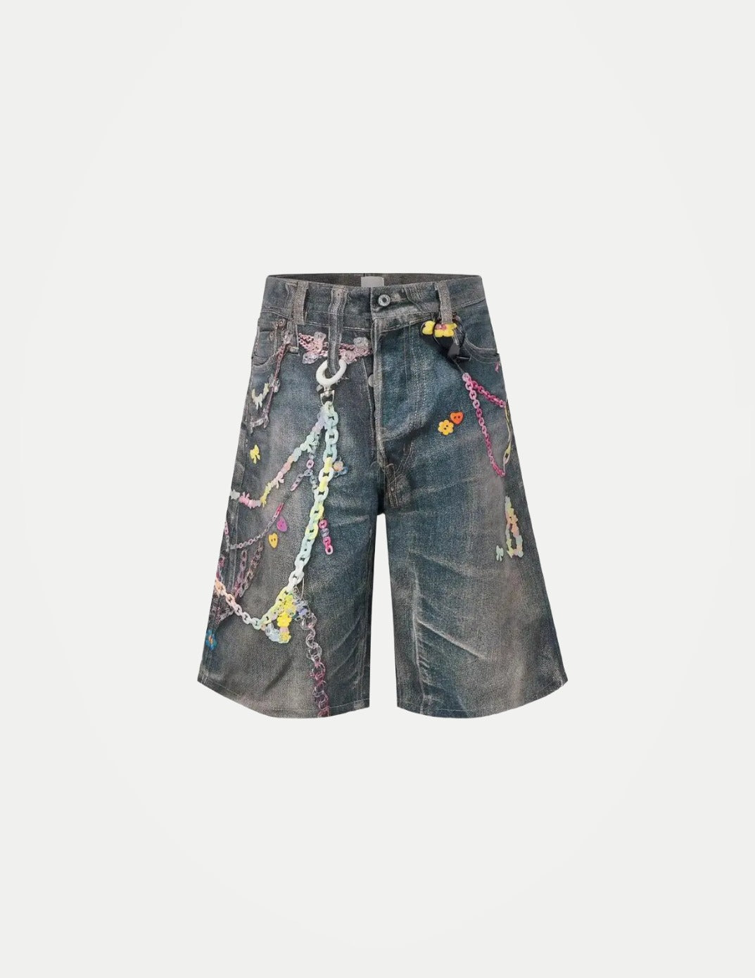 Men’s Retro Chain-Print Denim Shorts – Loose Wide-Leg Cropped Pants | American Hip-Hop Streetwear