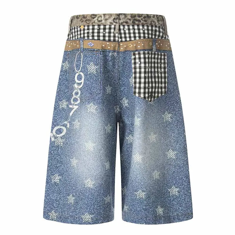 Men’s Star Print Denim Shorts – Vintage Blue Hip Hop Jorts | Harajuku Streetwear