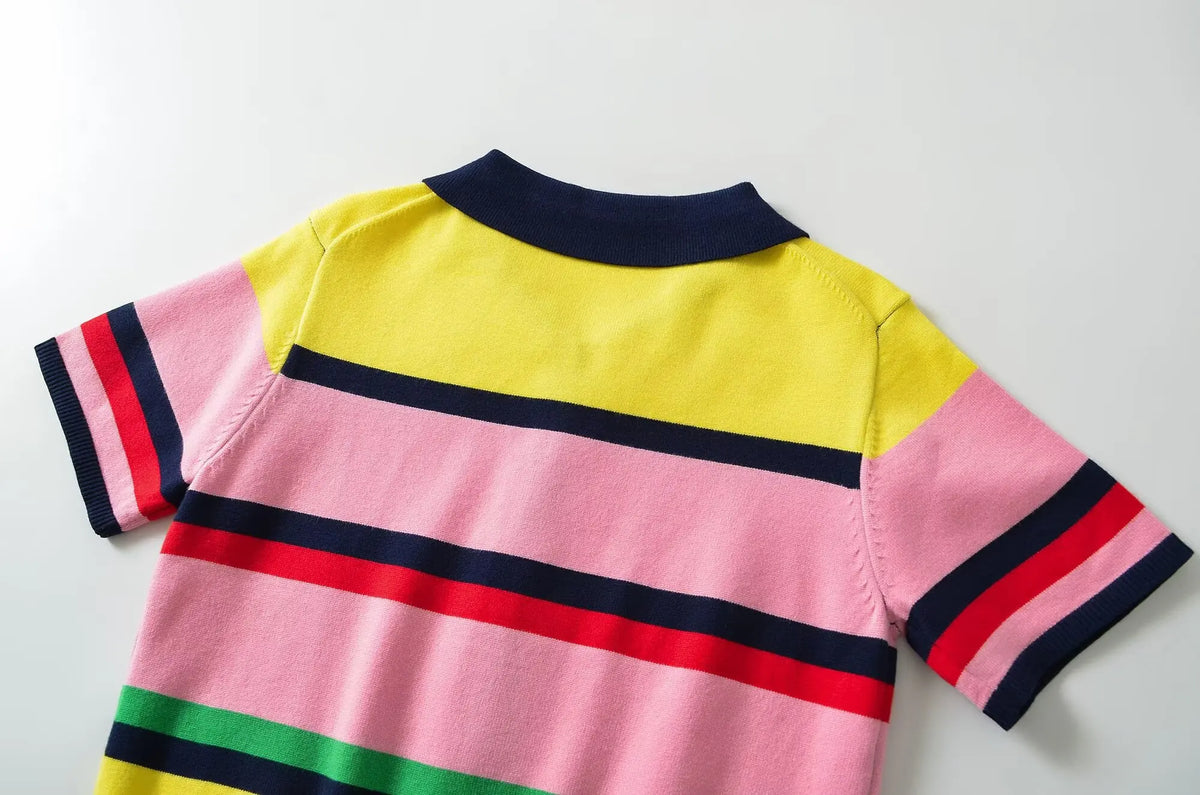 Women’s Striped Knitted Polo Shirt – Colorful Short Sleeve Summer Pullover Top