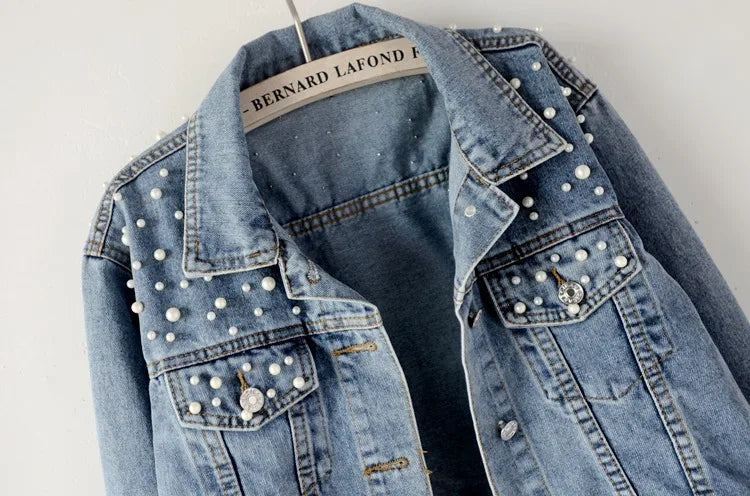 Women’s Beaded Denim Jacket – Loose Fit Embellished Winter Coat for Autumn & Winter
