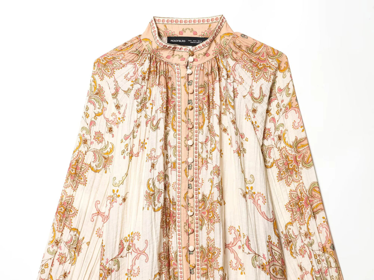 Women’s Retro Printed Pleated Blouse – Elegant Single-Breasted Top | Chic European & American Style