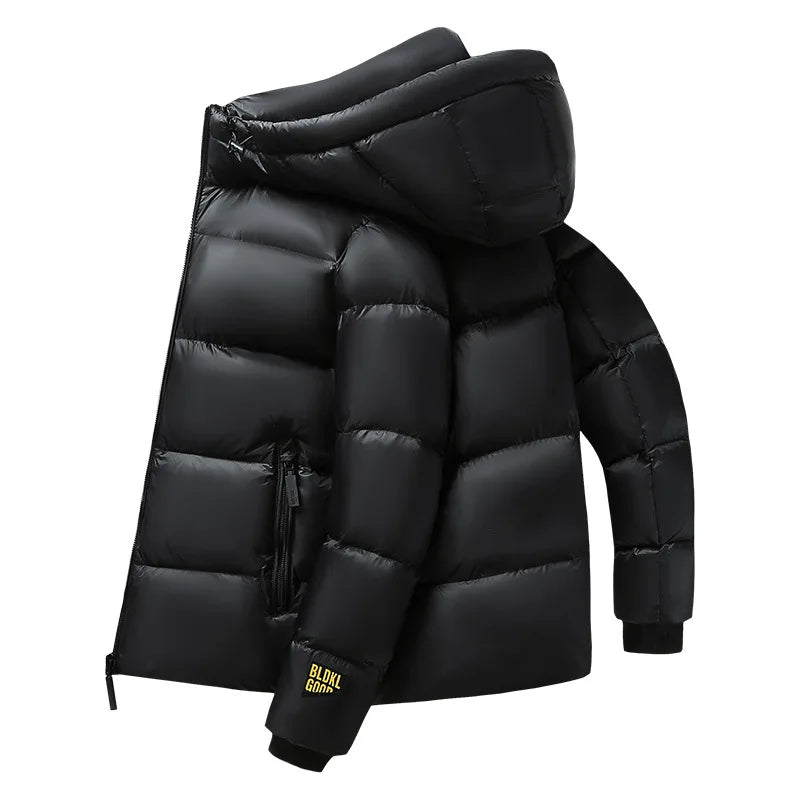 Men’s Winter Hooded Puffer Jacket – Thick Warm Cold-Weather Coat, Black & Gold Trendy Thermal Outerwear
