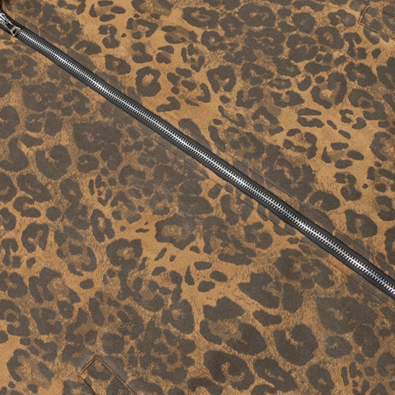 Unisex Leopard Print Suede Jacket – Vintage Stand Collar Zip-Up Coat, Harajuku Hip Hop Streetwear Outerwear