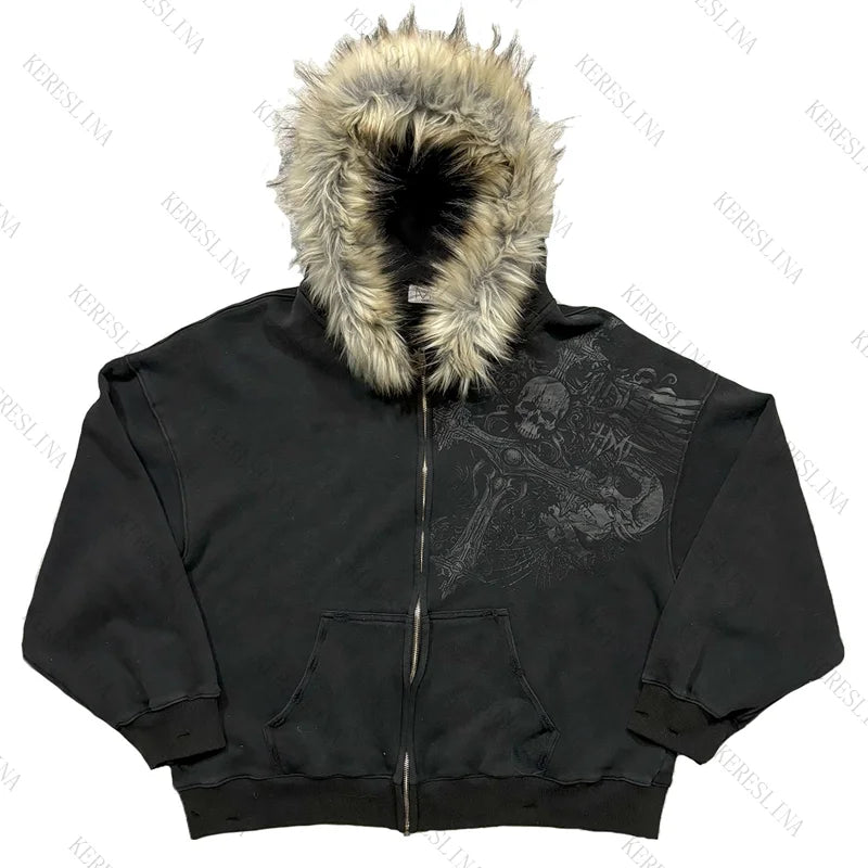 Unisex Y2K Faux Fur Collar Hoodie Jacket – Zip-Up Retro Punk Hip Hop Rock Streetwear Coat, Autumn & Winter