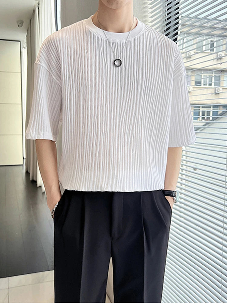 Men's Ice Silk Pleated T-Shirt – Casual Summer Crewneck Tee
