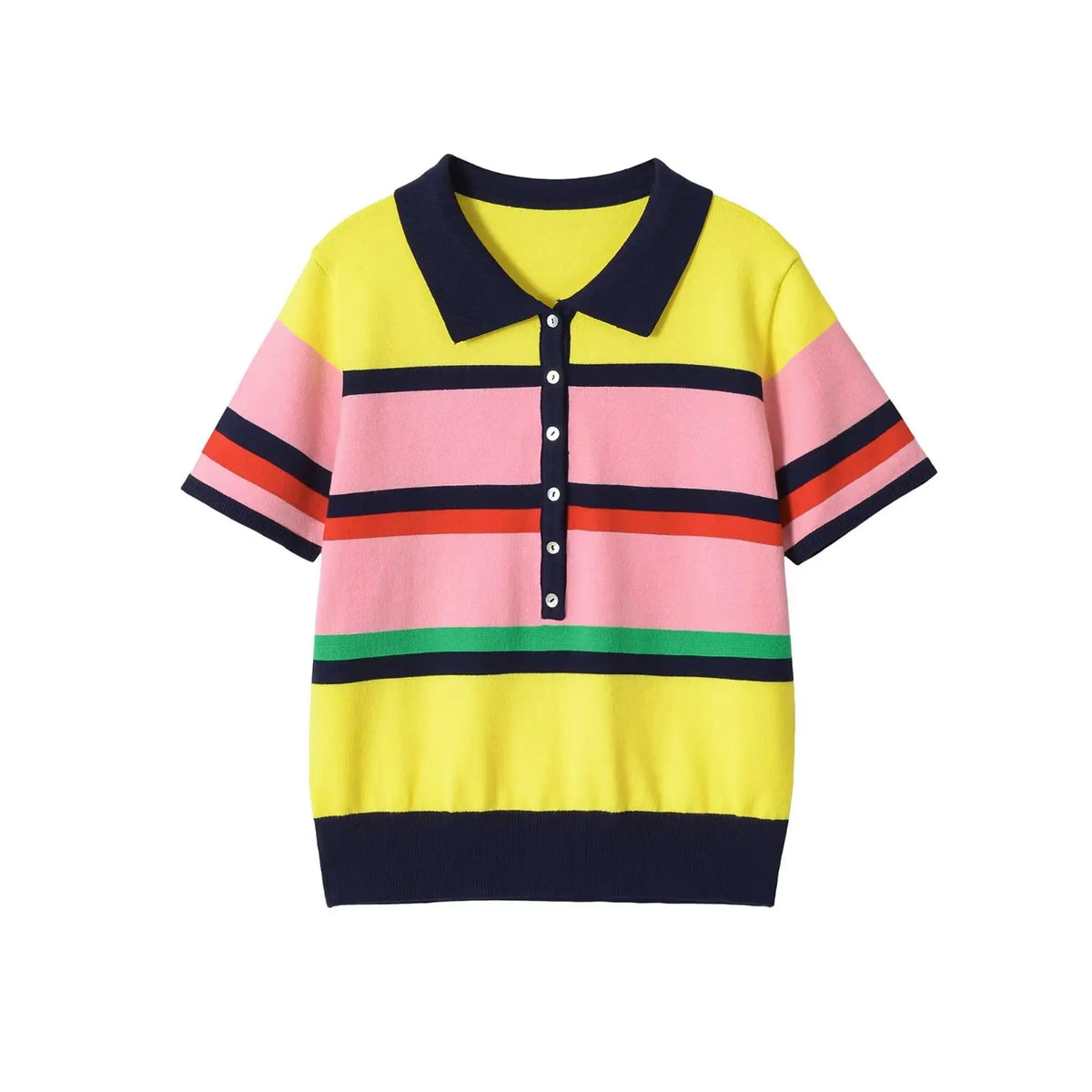Women’s Striped Knitted Polo Shirt – Colorful Short Sleeve Summer Pullover Top