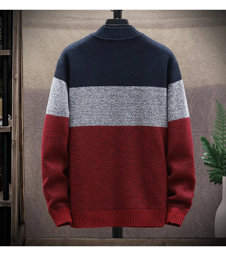 Men’s Winter Fleece Cardigan – Zipper Knit Sweater, Striped Casual Jacket
