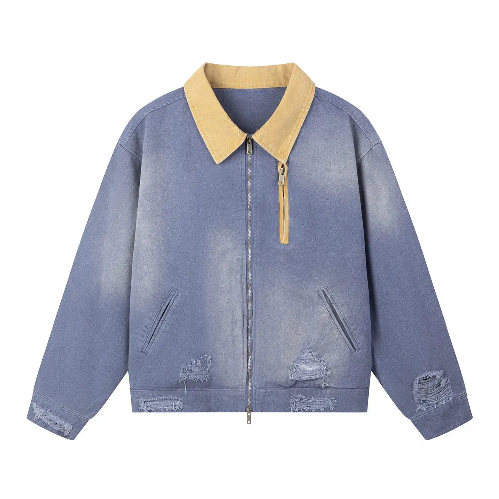 Block Cargo Jacket Mens Ripped Spring Retro High Street Long Sleeve Outerwear Men