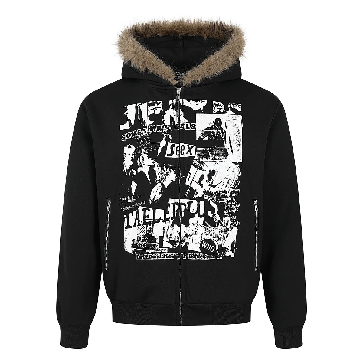 Unisex Retro Printed Hooded Jacket – Loose-Fit Long Sleeve Coat with Faux Fur Collar