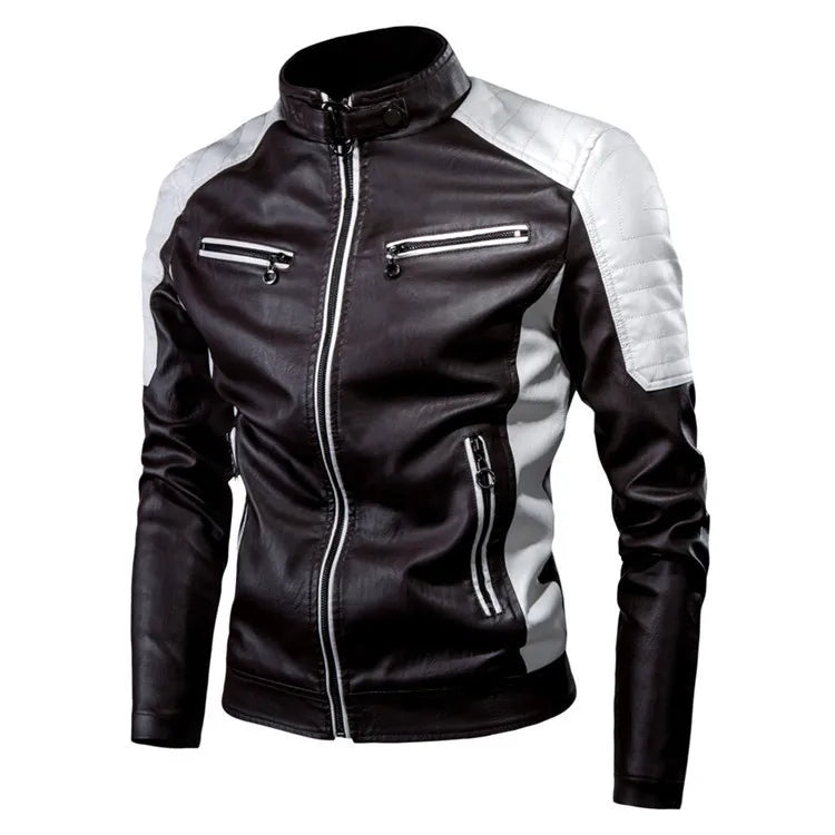 Men's PU Leather Motorcycle Jacket – Slim Fit Stand Collar Biker Coat