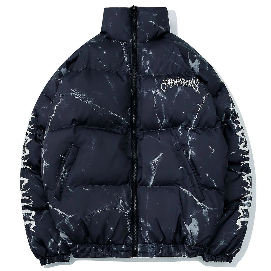 Men’s Y2K Oversized Puffer Parka – Letter Graphic Tie-Dye Winter Jacket, Warm Hip Hop Streetwear