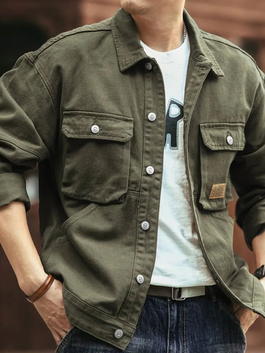Men's Casual Loose Fit Denim Jacket – Multi-Pocket Workwear Streetwear Top