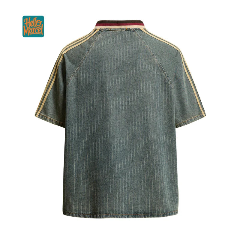 Premium Unisex Denim T-Shirt – Vintage Distressed V-Neck Casual Streetwear Top for Men & Women